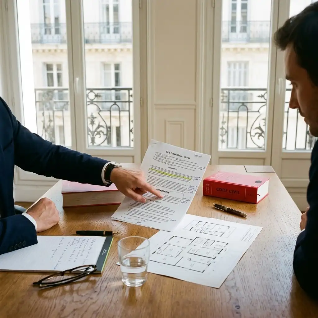 Avocat et client analysant un bail commercial et des plans à Marseille
