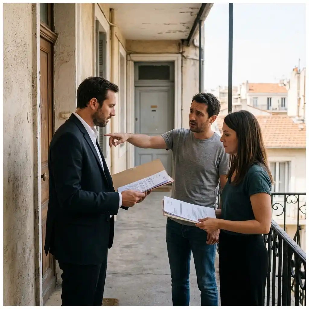 Maître Thibaut Jouve lors d'une consultation en cabinet sur un cas de dol immobilier et litige de voisinage à Marseille