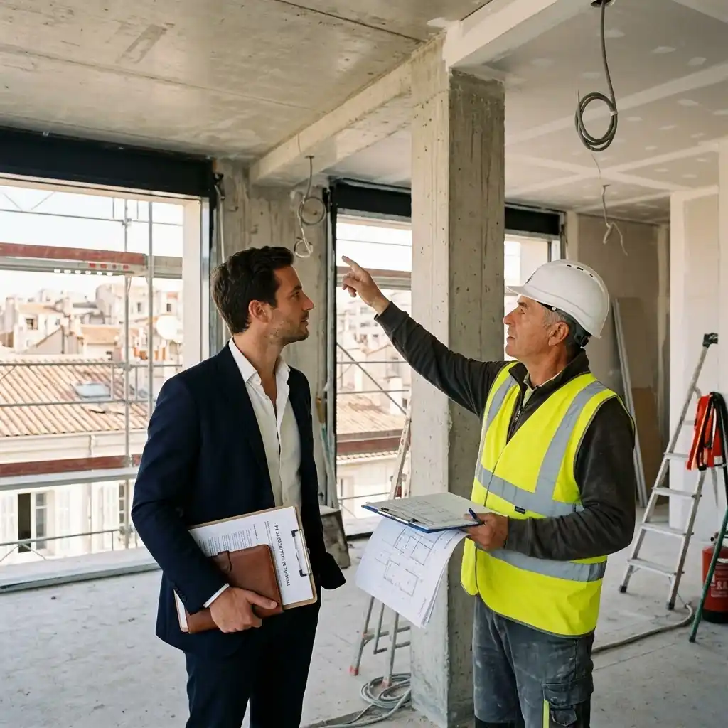 Maître Thibaut Jouve et un chef de chantier lors d'une inspection de réception de travaux à Marseille