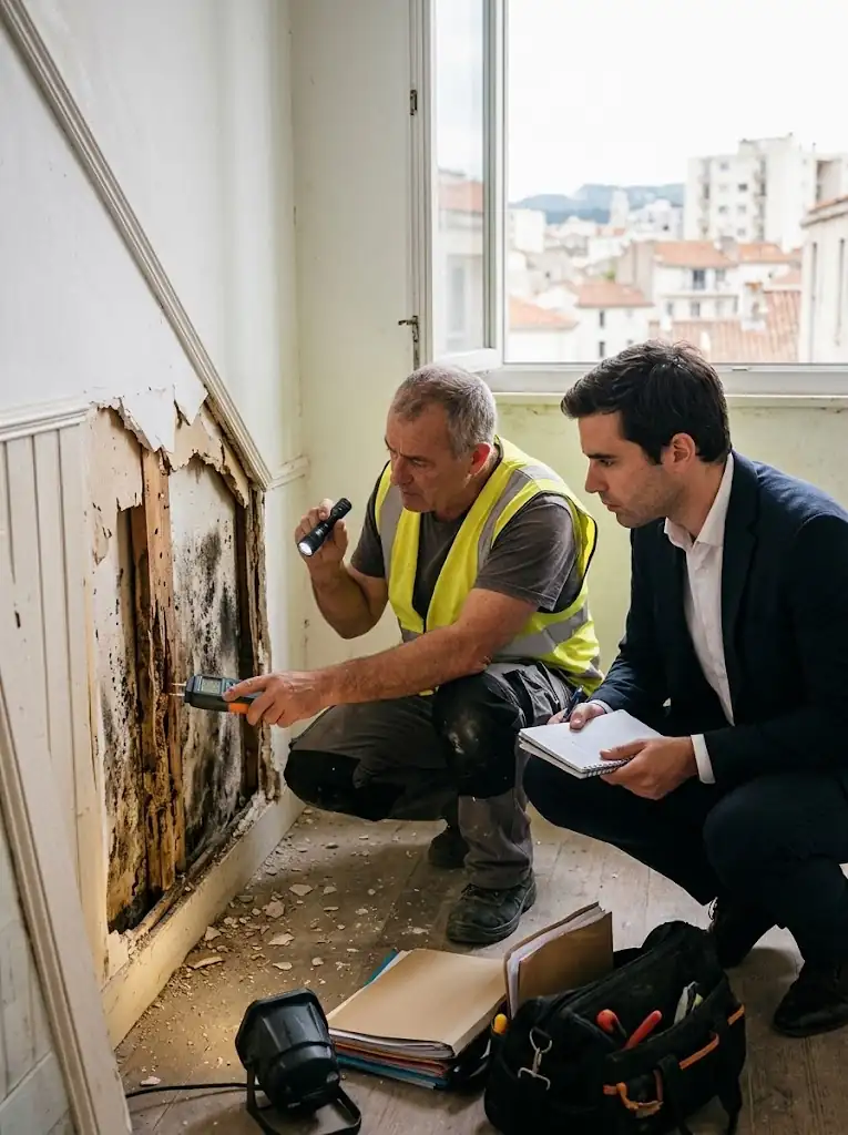 Maître Thibaut Jouve et un expert lors d'une inspection de vices cachés à Marseille